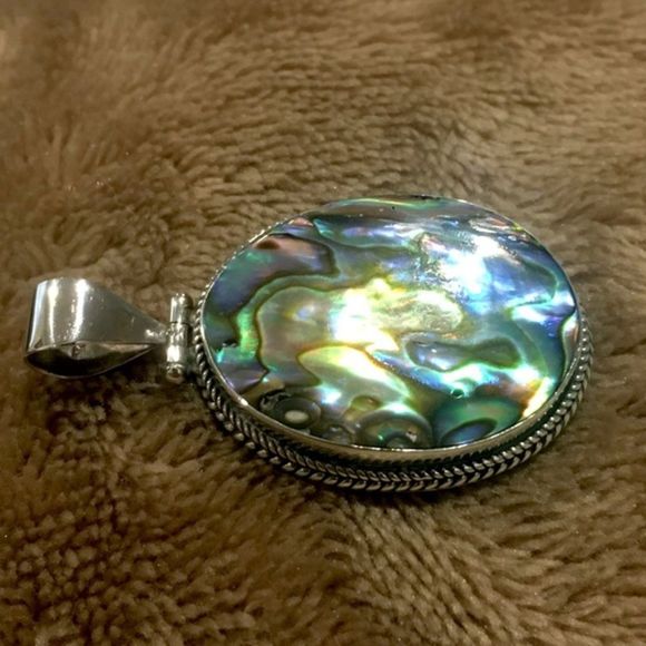 Abalone and Sterling Silver Oval Pendant with Rope Trim Around Bezel - Picture 5 of 15